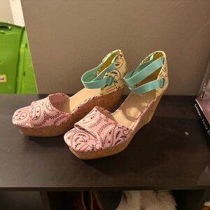 Sugar Pink and Teal Paisley Wedges